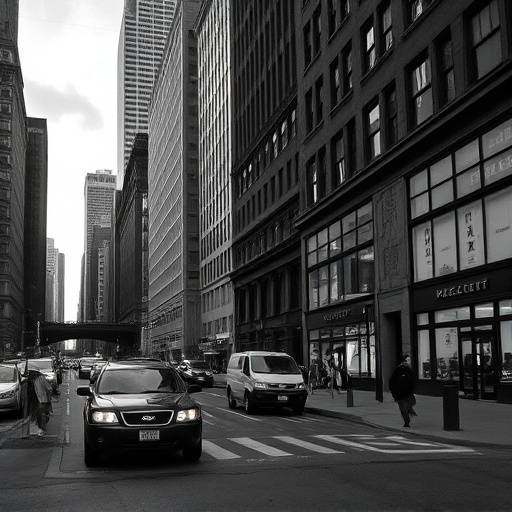 A black and white photograph of a street scene in downtown 513A Camino De Los Marquez, Santa Fe, NM 87505, USA