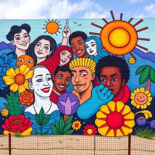A group of artists collaborating on a large-scale mural, with vibrant colors and diverse artistic styles blending together on the wall.