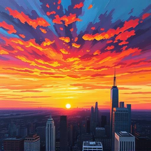 A vibrant oil painting depicting a cityscape at sunset