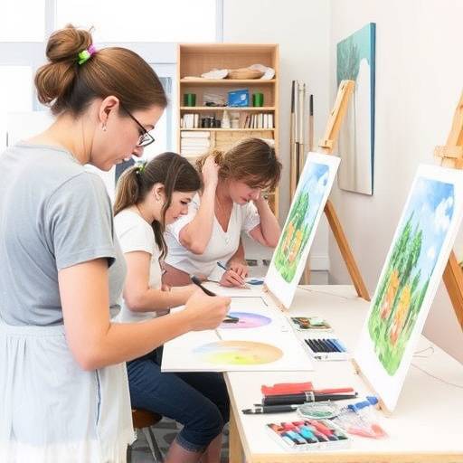 A watercolor painting class in progress, with students focused on their paintings, easels set up around the room, and the instructor providing guidance.