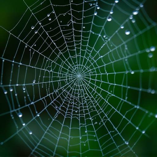 Detailed macro photograph of a dew-covered spiderweb, showcasing intricate patterns.