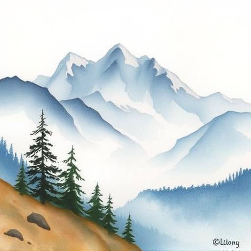 Evelyn Hayes' watercolor painting of a misty mountain range