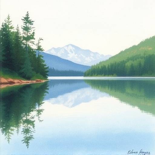 Evelyn Hayes' watercolor painting of a tranquil lake scene
