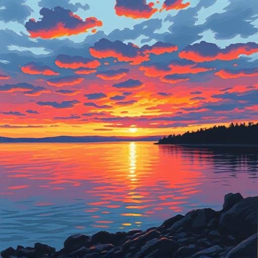 Impressionistic landscape painting of a sunset over Puget Sound.
