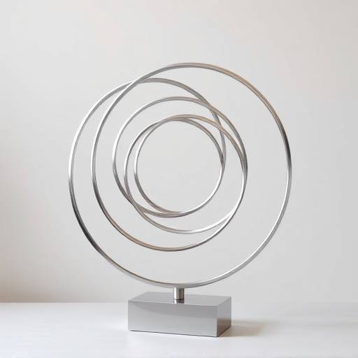 Modern minimalist sculpture in stainless steel, depicting interconnected circles.