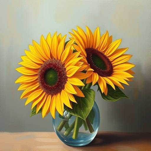 Oil painting of a still life featuring vibrant sunflowers in a glass vase.