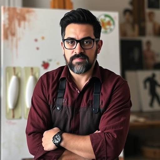 Portrait of David Ramirez, a painter, in his studio surrounded by canvases
